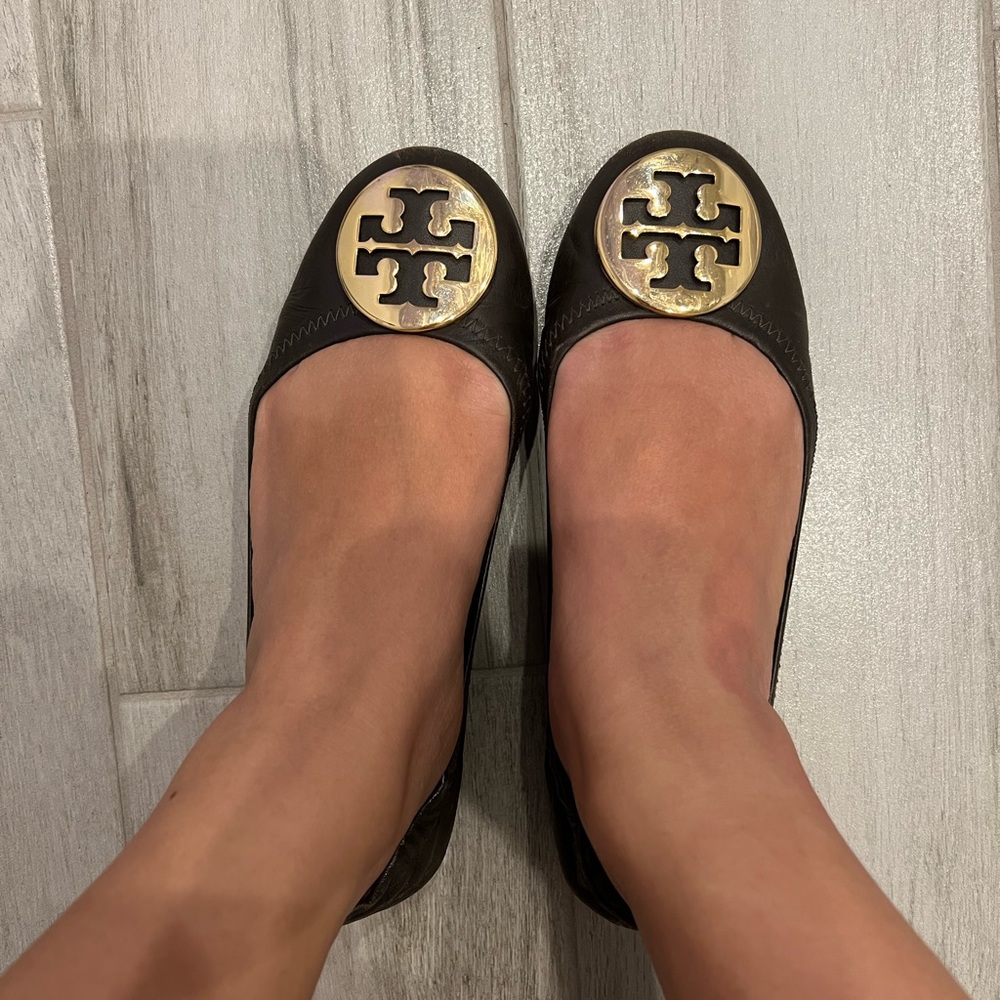 Tory Burch dark brown ballet flats with gold accent